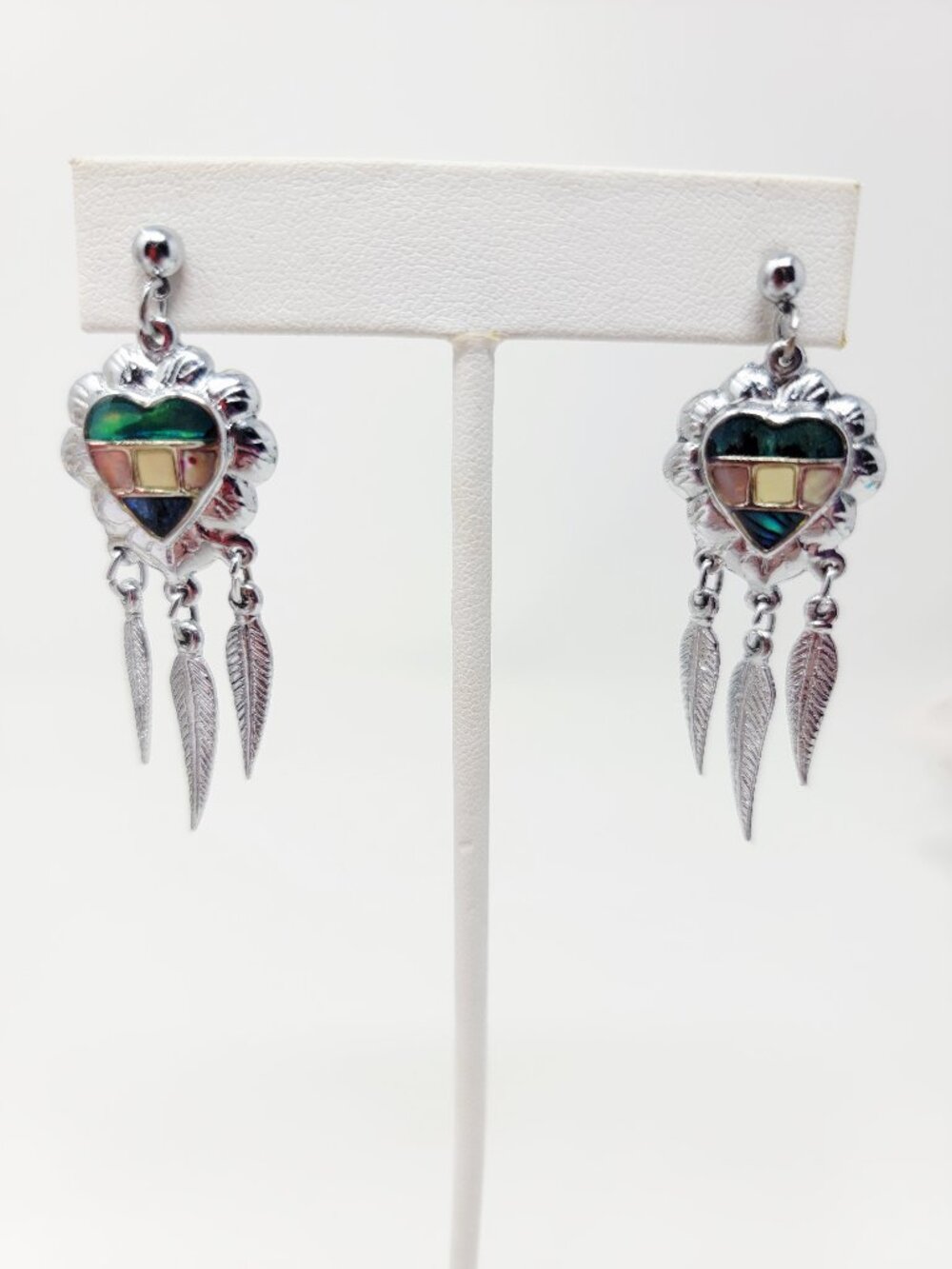 Silver Tone Heart Abalone Inlay Earrings Southwestern Style Feather Dangle
